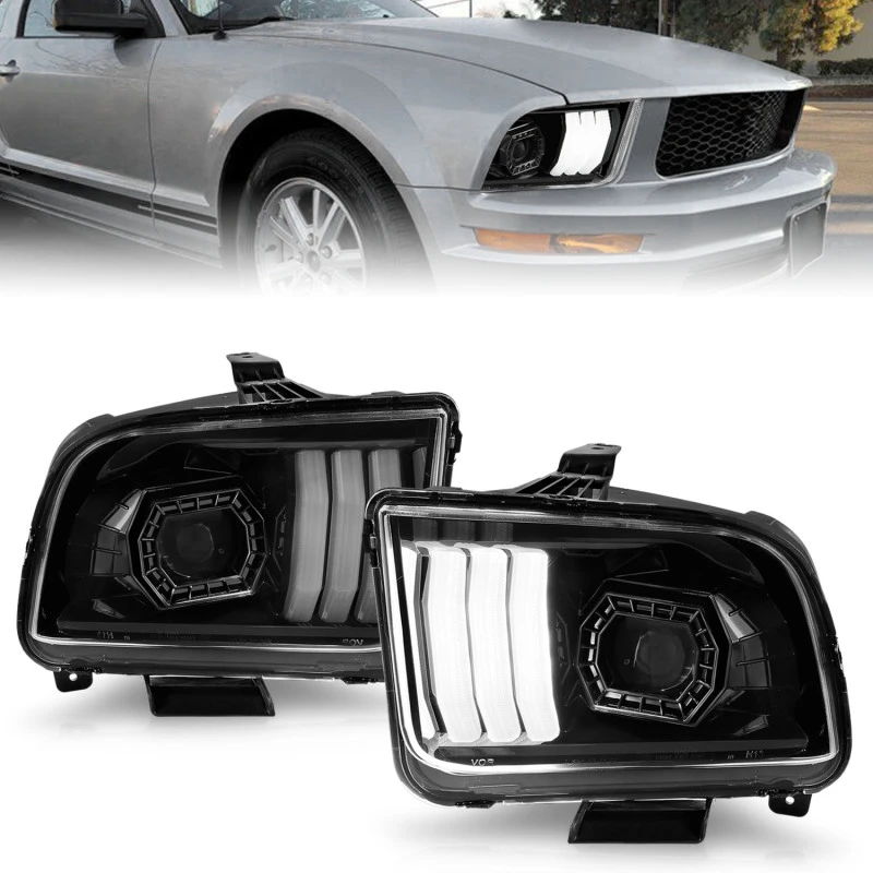 ANZO 05-09 Ford Mustang (mit werkseitigen Halogen-Scheinwerfern) Projektor-Scheinwerfer mit Lichtleiste Schwarz Gehäuse