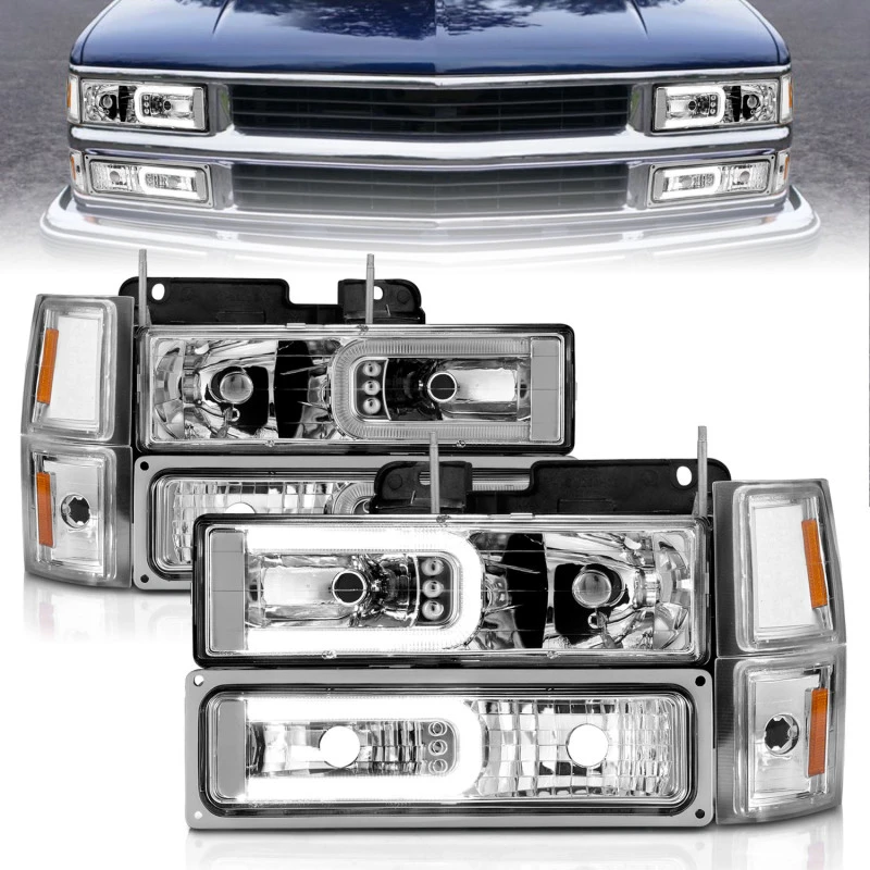 ANZO 88-98 Chevrolet C1500 Kristall-Scheinwerfer mit Lichtleiste Chrom-Gehäuse mit Signal-Seitenmarkierungen 8 Stück