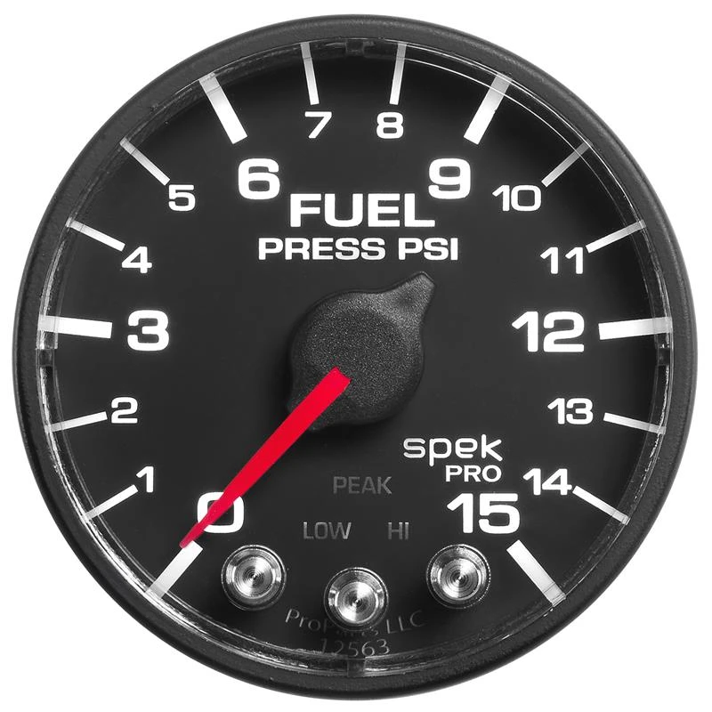 Autometer Spek-Pro-Brennstoffdruck-Anzeige 2 1/16 Zoll 15psi Schrittmotor mit Peak- und Warnfunktion schwarz/schwarz