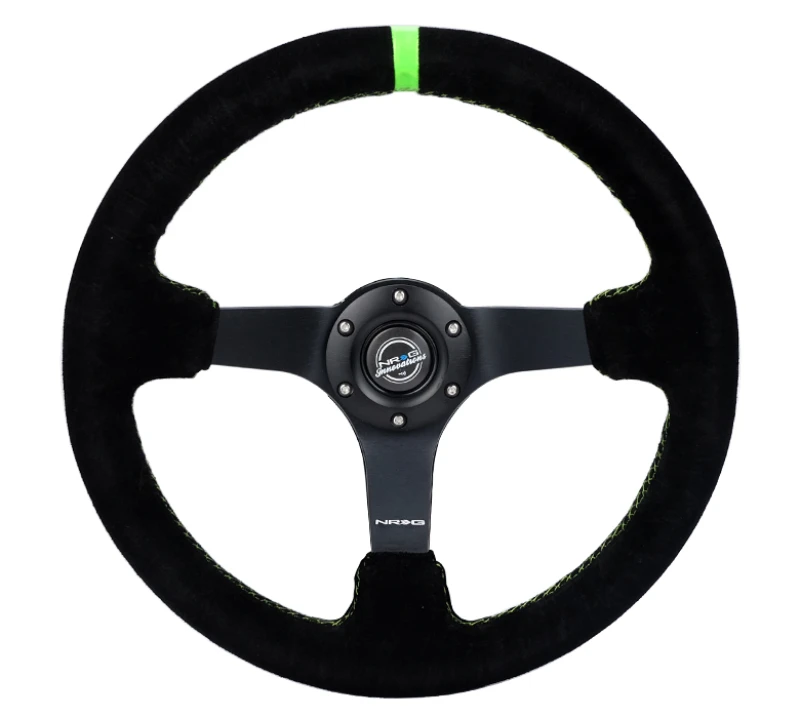 NRG Reinforced Steering Wheel 350mm/3in. Deep Blk Suede/Neon Green Stitch w/5mm Matte Black Spoke