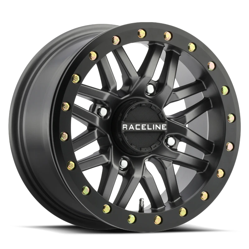 Raceline A91G Ryno 15x7in/4x156 BP/10mm Offset/132.5mm Bore - Gunmetal & Black Ring Beadlock Wheel