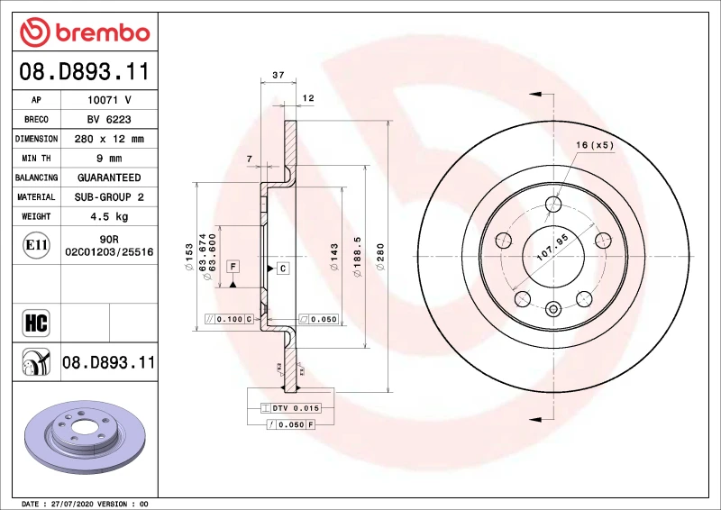 Brembo 13-22 Ford F-250 Super Duty/F-350 Super Duty Hinterer UV-beschichteter Rotor