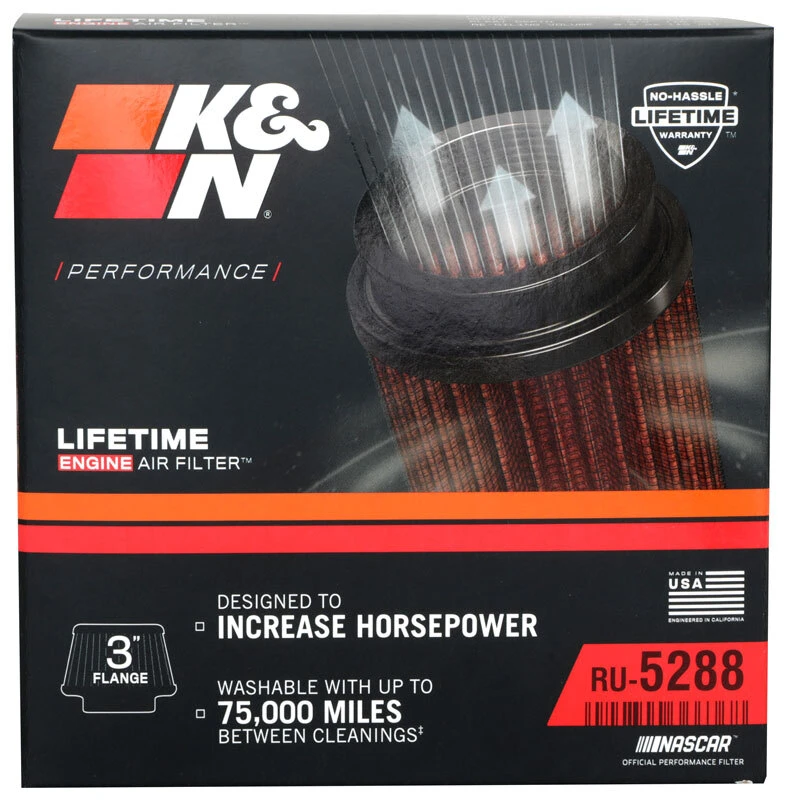 K&N Universal Round Clamp-On Air Filter 3in Flange ID x 6in Base OD x 4.625in Top OD x 3in Height