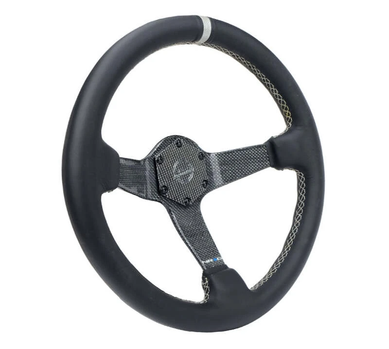 NRG Carbon Fiber Steering Wheel (350mm) Silver Carbon Fiber Center - Silver Stitching & Center Mark