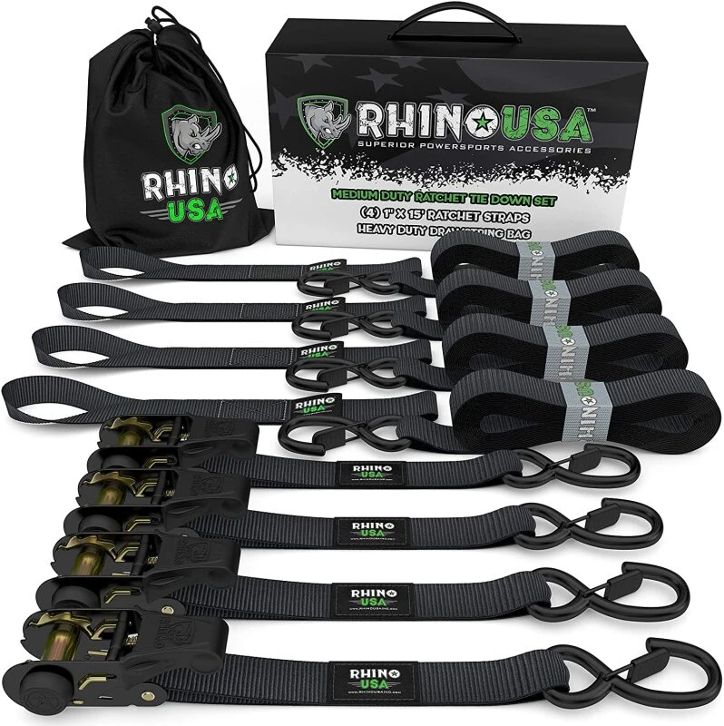 Rhino USA Medium Duty Ratchet Strap Tie-Down 4-Pack (Schwarz)