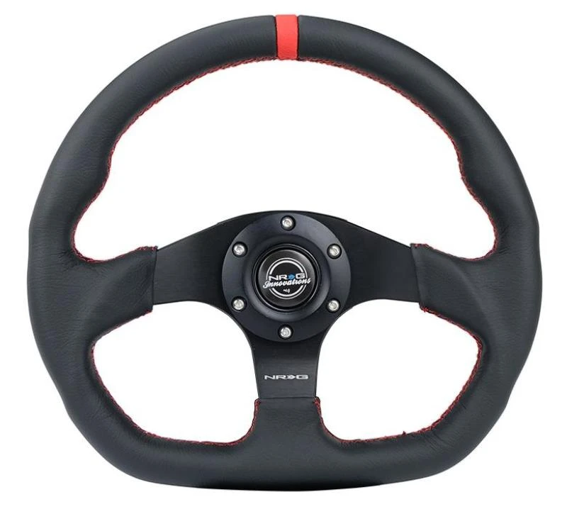 NRG Reinforced Steering Wheel Sport Leather Flat Bottom w/ Red Center Mark/ Red Stitching