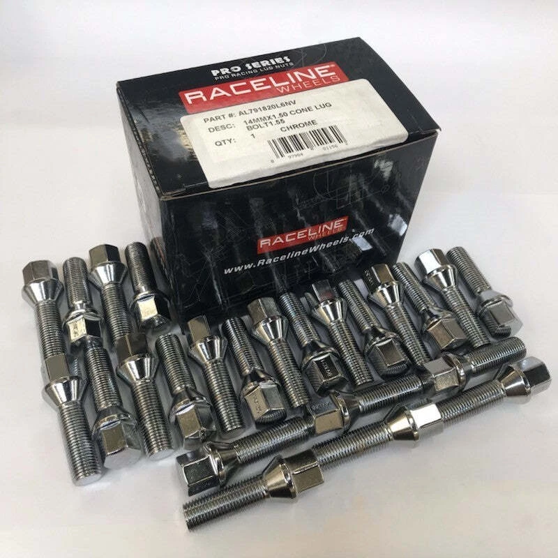 Raceline 14x1.5 1.55in L/Bolt Conical Chrome Lug Bolts (Set of 24)