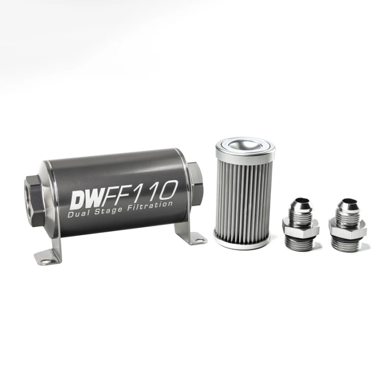 DeatschWerks Edelstahl 8AN 10 Mikron Universal Inline Kraftstofffilter-Gehäuse-Kit (110mm)