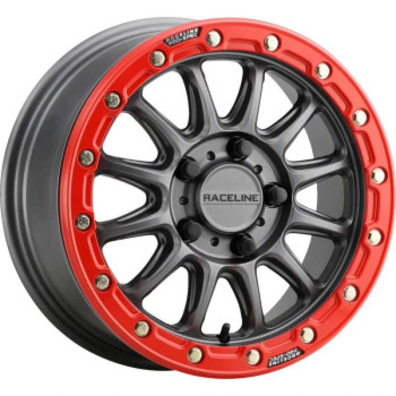 Raceline A14GR Alpha 15x7in/4x137 BP/10mm Offset/110.18mm Bore - Gunmetal & Red Ring Beadlock Wheel