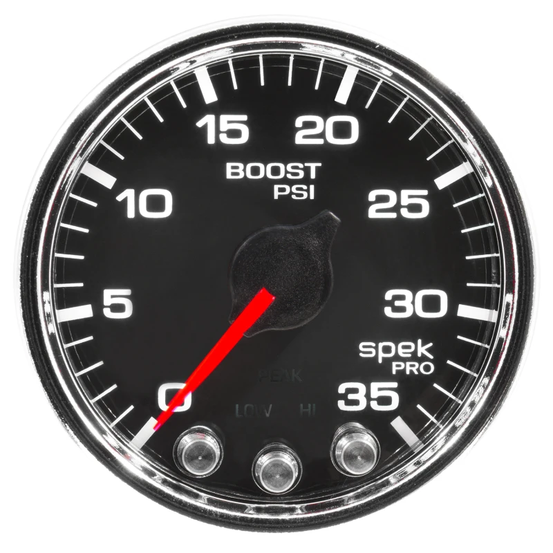 Autometer Spek-Pro-Boostmanometer 2 1/16 Zoll 35 psi Schrittmotor mit Peak- und Warnfunktion Schwarz/Chrom