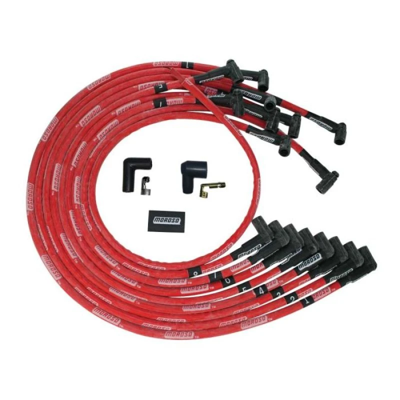 Moroso Ultra Sleeved BBC Under Header 90 Deg Plug Boots HEI Spark Plug Wire Set - Red