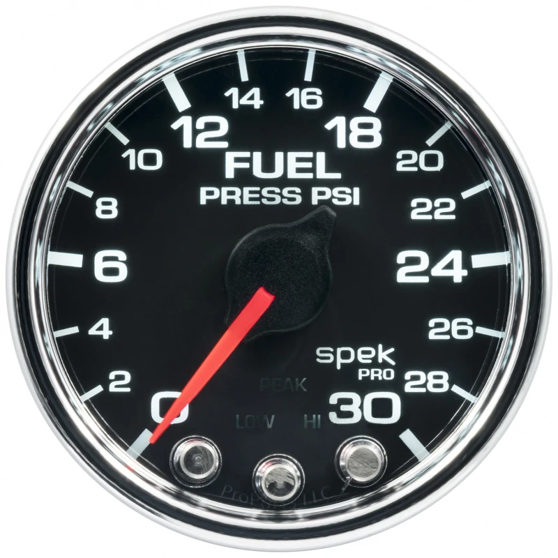 Autometer Spek-Pro-Brennstoffdruckanzeige 2 1/16 Zoll 30 psi Schrittmotor mit Peak- und Warnfunktion Schwarz/Chrom