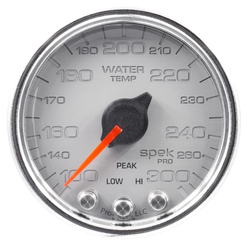 Autometer Spek-Pro-Wasser-Temperatur-Anzeige 2 1/16 Zoll 300°F Schrittmotor mit Peak- und Warn-Funktion Silber/Chrom