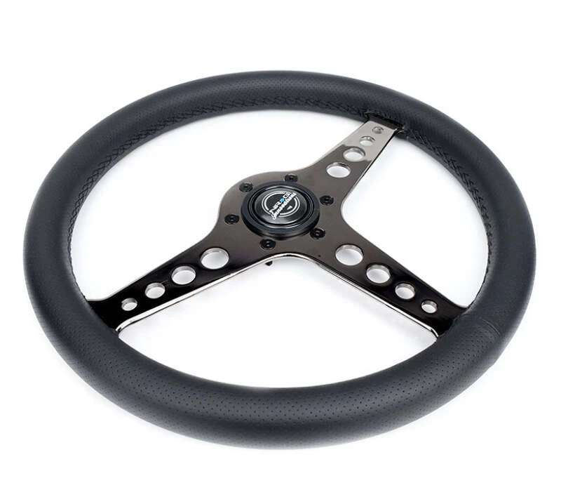 NRG Light Weight Gaming Steering Wheel - Driftz 350mm 3 Black Chrome Spokes Perforated Leather