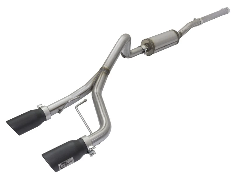 aFe Rebel Series CB 2,5-Zoll-Dual-Center-Exit-Edelstahl-Auspuffanlage mit schwarzen Endrohren für Jeep Wrangler 3.6L/3.8L V6 (07-15)