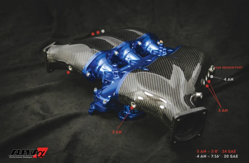 AMS Performance Nissan GT-R Alpha Carbon Fiber/Billet Einlasskrümmer mit sekundärer Kraftstoffleitung - Blau