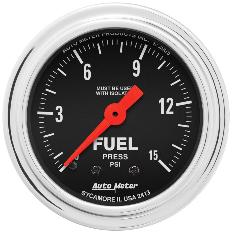 AutoMeter Gauge Fuel Pressure 2-1/16in. 15PSI Mech. W/Isolator Traditional Chrome