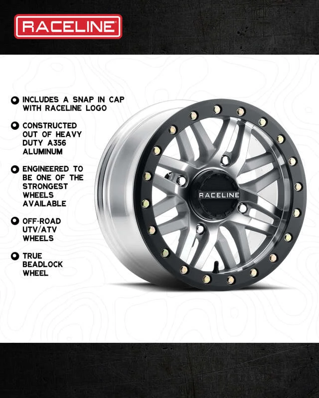 Raceline A91MA Ryno 14x7in/4x156 BP/10mm Offset/132.5mm Bore - Machined & Black Ring Beadlock Wheel
