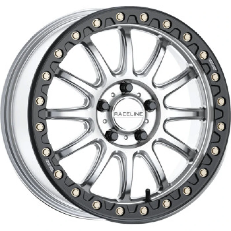 Raceline A14SB Alpha 17x7in/5x114.3 BP/40mm Offset/68mm Bore - Silver & Blk Ring Beadlock Wheel