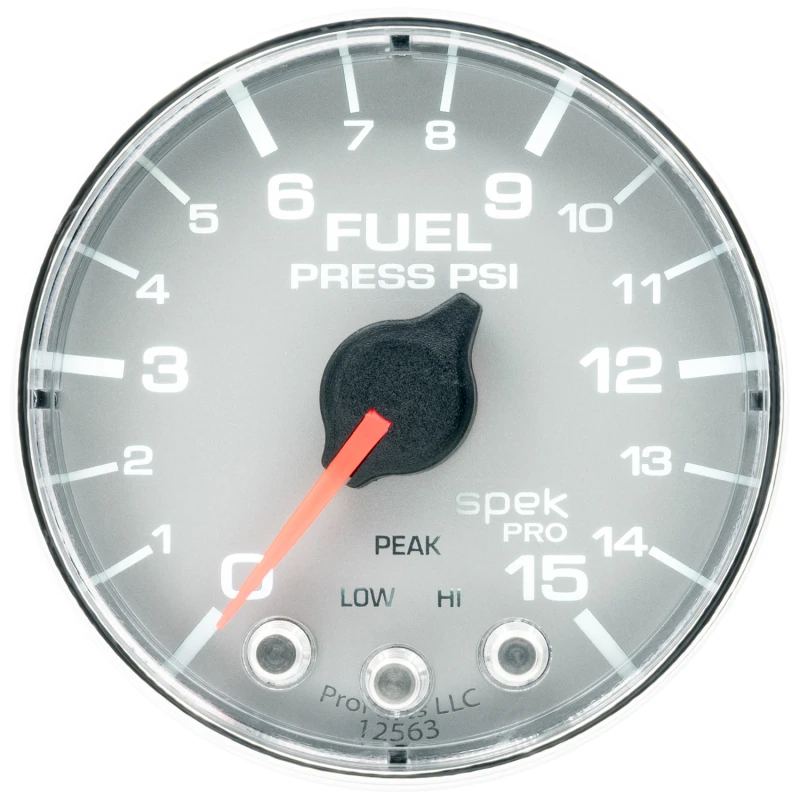 Autometer Spek-Pro Gauge Fuel Press 2 1/16in 15psi Stepper Motor W/Peak & Warn Slvr/Chrm