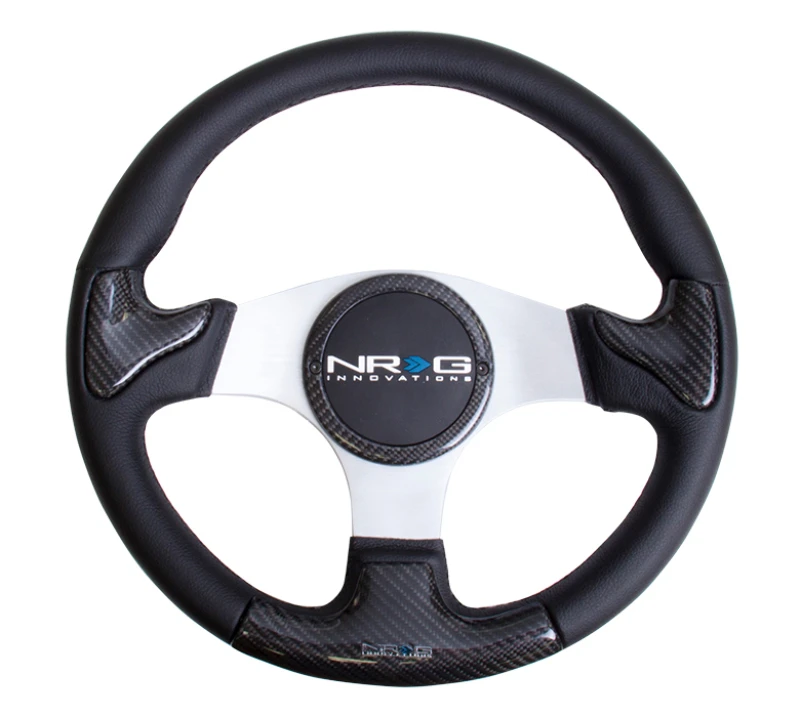 NRG Carbon Fiber Lenkrad (350mm) Silberrahmen, schwarze Naht, mit Gummiabdeckung und Hornknopf