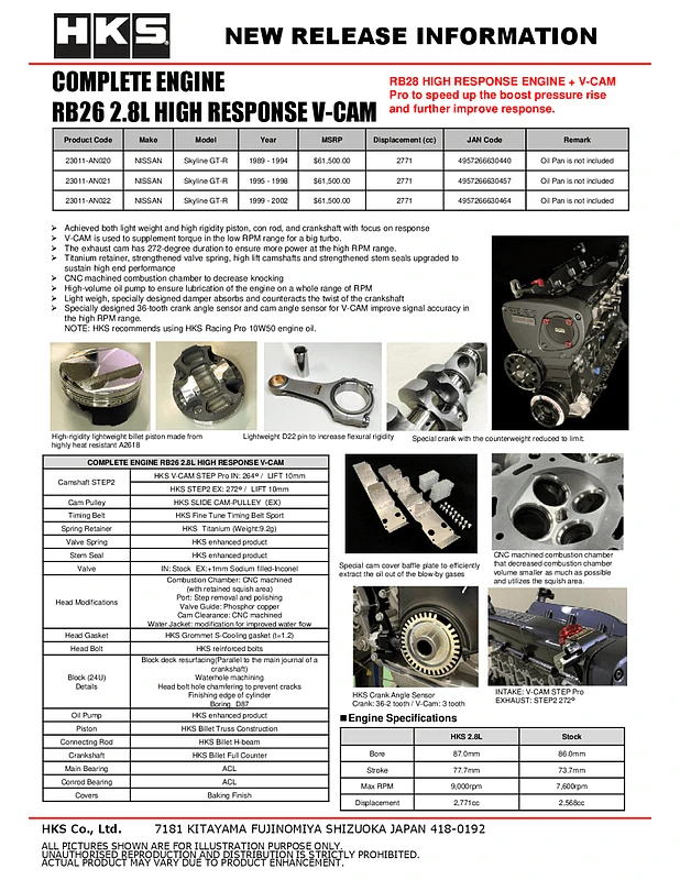 HKS COMPLETE ENGINE RB26 2.8L HR V-CAM - Nissan GTR R34