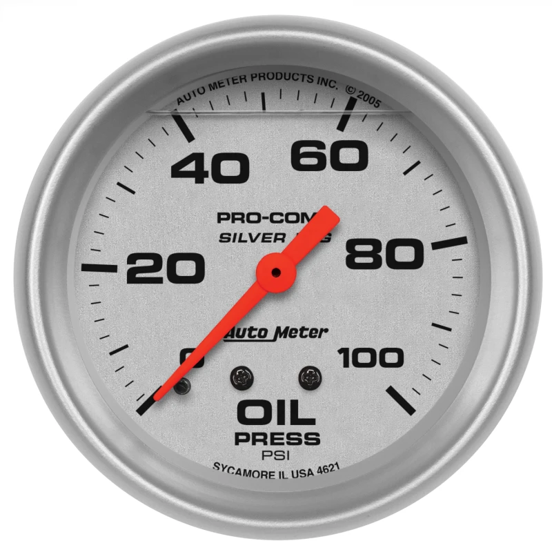 Autometer Ultra-Lite 2,625 Zoll Flüssigkeitsgefülltes mechanisches 100 PSI Silber-Öldruckmanometer