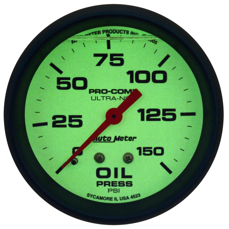 Autometer Ultra-Nite 2-5/8in 0-150 PSI Liquid Filled Mechanical Glow In Dark Oil Pressure Gauge