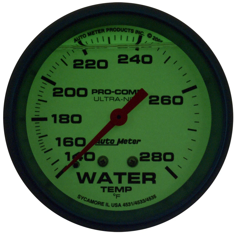Autometer Ultra-Nite 2-5/8in 140-280 Degree Liquid Filled Mechanical Glow In Dark Water Temp Gauge