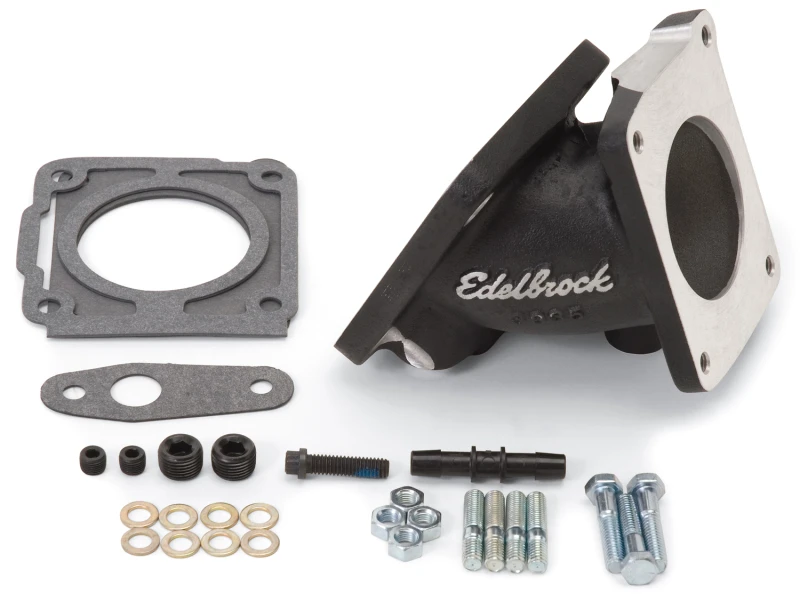 Edelbrock EFI Drosselklappen-Adapter (Ellbogen) Ford Mustang 94-95 mit schwarzer Mini-Texture-Pulverbeschichtung