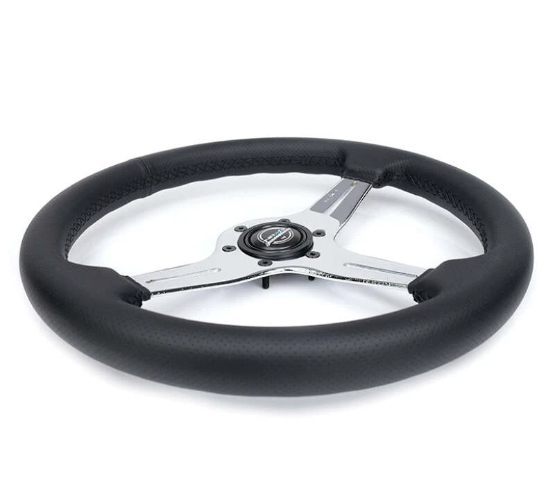 NRG Light Weight Gaming Steering Wheel - 350mm 3 Chrome Silver Spokes Perforated Leather