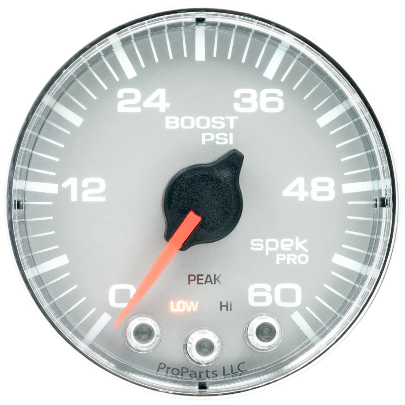 Autometer Spek-Pro Gauge Boost 2 1/16in 60psi Stepper Motor W/Peak & Warn Slvr/Chrm