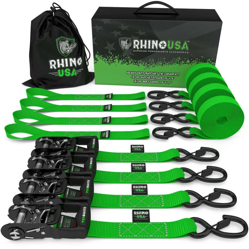 Rhino USA Heavy Duty Ratchet Tie-Down 4-Pack (Green)