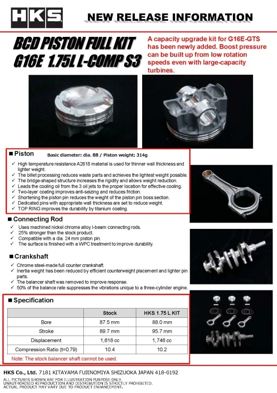 HKS BCD Piston Kit G16E 1.75L L-Comp S3 D88