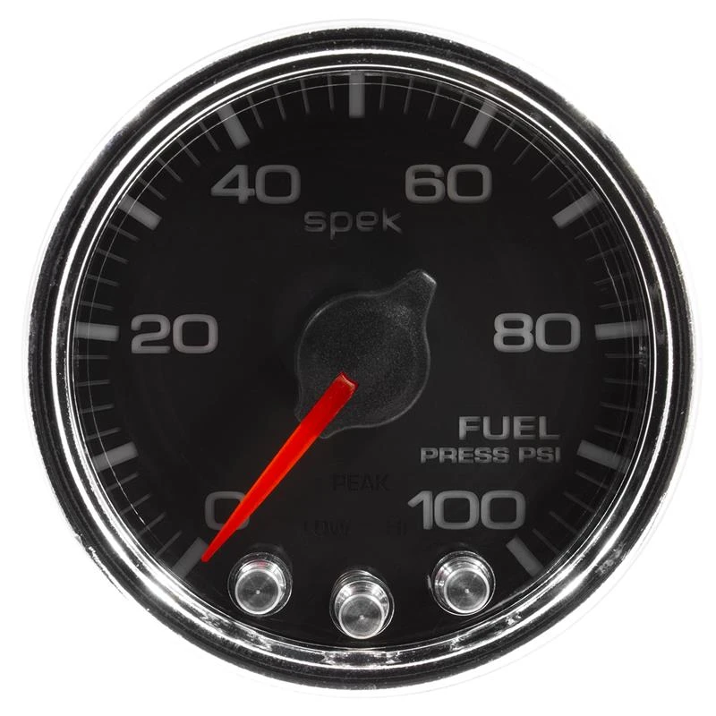 Autometer Spek-Pro-Benzindruckanzeige 2 1/16in 100psi Schrittmotor mit Spitzen- und Warnfunktion Schwarz/Chrom