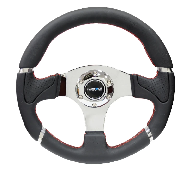 NRG Reinforced Steering Wheel (320mm) Black Leather/Red Stitching w/Chrome 3-Spoke Center