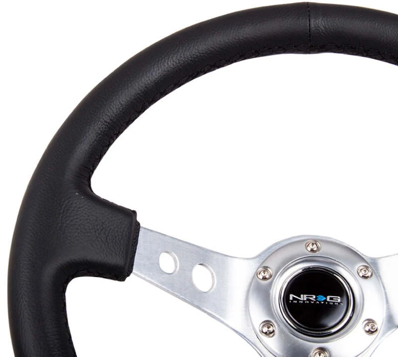 NRG Reinforced Steering Wheel (350mm/3in. Deep) White Leather w/Blk Spoke/Round Holes/White Stripes