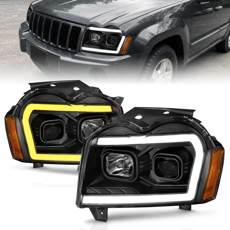 ANZO 2005-2007 Jeep Grand Cherokee Projektor-Scheinwerfer mit Lichtleiste Switchback Schwarz Gehäuse