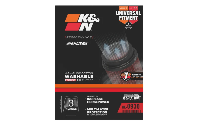 K&N Universal Rubber Filter - Round Tapered 6in Base OD x 3in Flange ID x 6in H