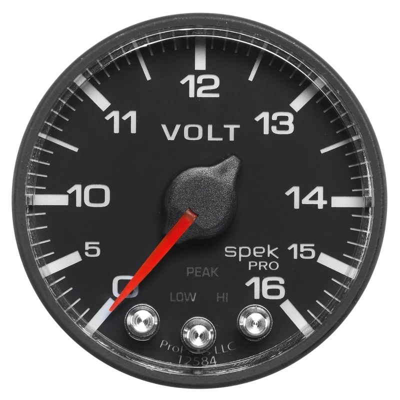 AutoMeter-Voltmeter 2-1/16 Zoll 16V Schrittmotor mit Peak- und Warnfunktion, Schwarz/Schwarz, Spek-Pro