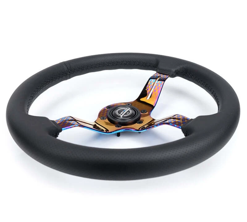 NRG Light Weight Gaming Steering Wheel - Splitz NeoChrome Silver Spokes Perforated Leather