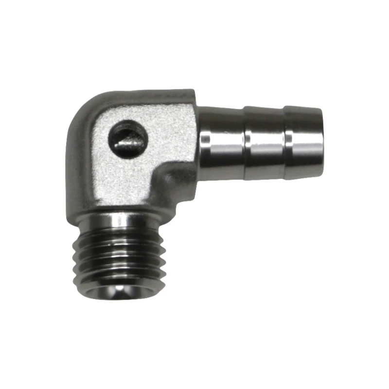 DeatschWerks Metrische M12 auf 3/8 Zoll Schlauchstutzen 90-Grad-Fitting mit Venturi-Port - eloxiertes DW-Titan