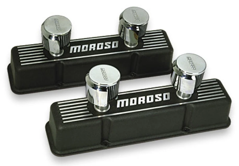 Moroso Chevrolet Small Block Ventildeckel - 2 Deckel mit 2 Atemrohren - Schwarz eloxiertes Aluminium - Paar
