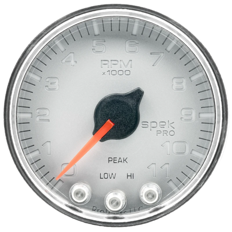 Autometer Spek-Pro Tachometer 2 1/16 Zoll 11K U/min mit Schaltlicht und Peak-Memory Silber/Chrom