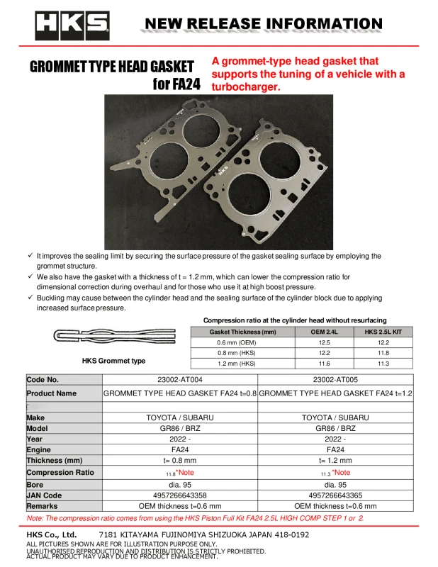 HKS Subaru FA24 1.2mm Dicke 11.3 CR Grommet-Typ Kopfdichtung