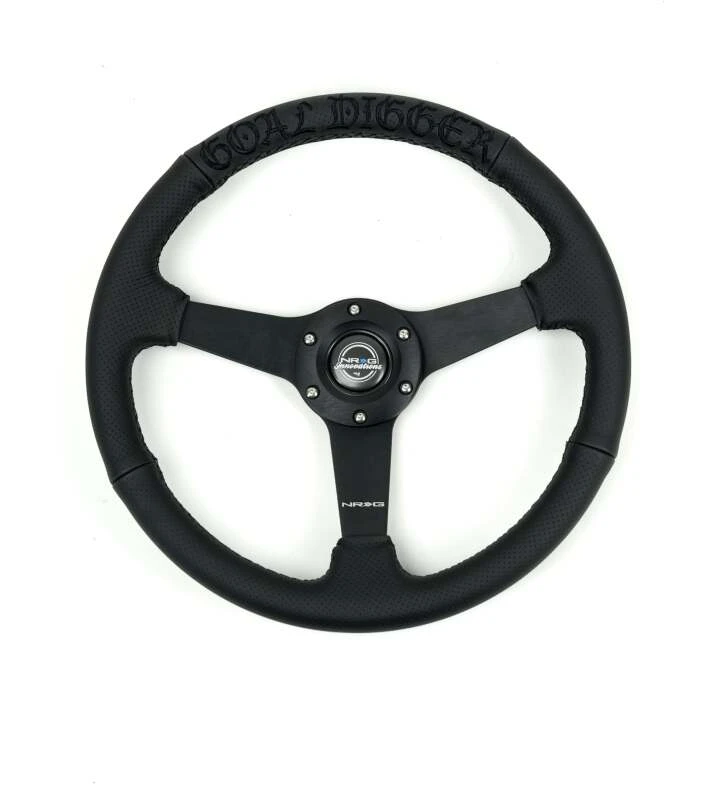 NRG Reinforced Black Perforated Leather Steering Wheel 350mm / 1.5in Deep w/ Goal Digger Blk Stitch