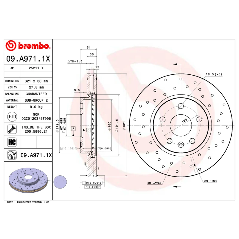 Brembo OE 10-15 Chevrolet Camaro/10-17 Equinox/14-20 Impala Drilled Xtra Brake Disc - Front