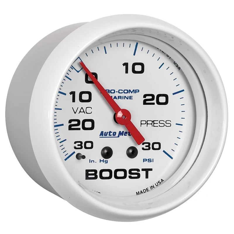 Autometer Marine Weißes 2-5/8 Zoll mechanisches Vakuum/Boost-Manometer 30INHG-30PSI