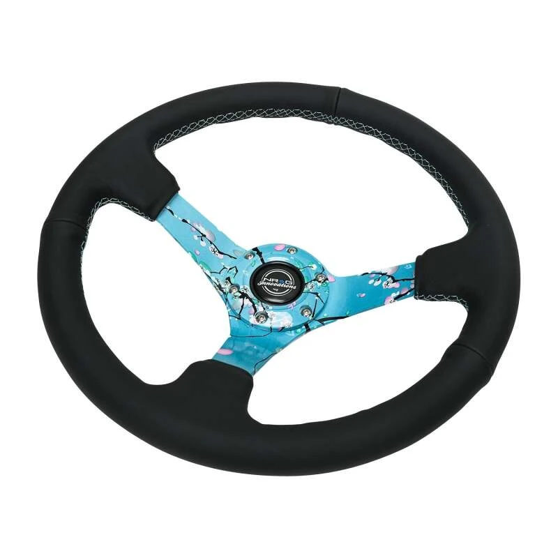 NRG Reinforced Suede Steering Wheel (350mm / 3in. Deep) Hydro Dipped Blossom Floral w/ Teal Stitch