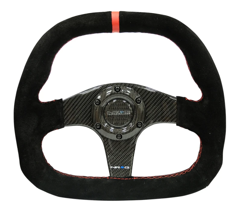 NRG Carbon Fiber Lenkrad (320mm) Flachboden, Schwarz Suede mit roter Naht und CF-Speichen